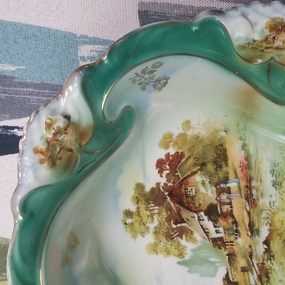 Germany Three Crown China Big Cottage Scenic Bowl With Wavery Green Gold Flowers - Picture 5 of 16